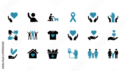 Vector icons representing community support, charity, healthcare awareness, and social care.