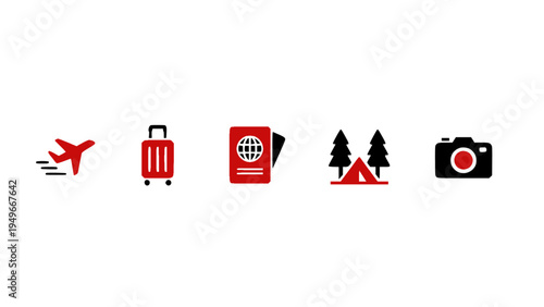 Vector icons representing airplane travel, luggage, passport, nature tourism, and photography.