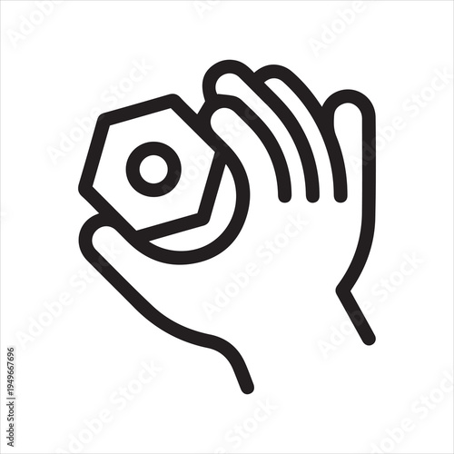 Thin Outline Icon Hand and Nut. Such Line sign as Fine Motor Skills, Preschool Learning, Educational Games. Vector Computer Custom Isolated Pictograms EPS, for Web on White Background Editable Stroke.
