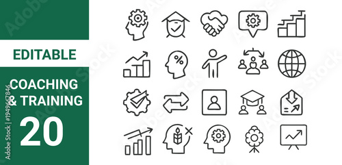 Capacity building line editable icon set. Contain icons related to training,Coaching and Training icon set.