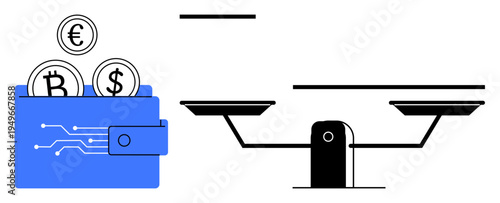 Cryptocurrency, financial equity, investments, fintech, blockchain, digital money. Wallet with Bitcoin, Euro Dollar icons next to a balance scale. Cryptocurrency and financial equity concept