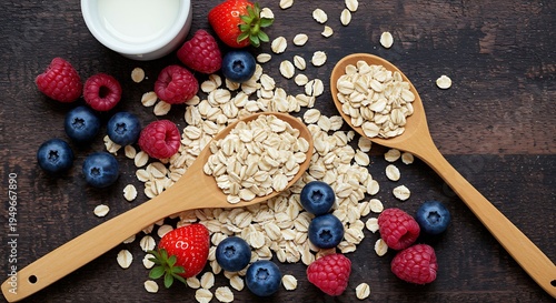 whole grain oats scattered across a rustic surface, with a few fresh berries and a wooden spoon, emphasizing breakfast ingredients.