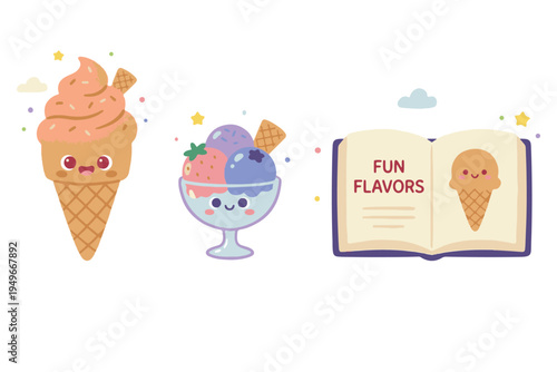 Tasty Ice Cream Scoop and Dessert Recipe Book Vector Elements