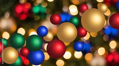 Vibrant Christmas ornaments hang on a tree amidst warm glowing lights indoors.