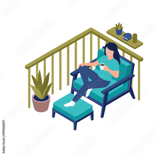 Woman relaxing on a chair with a cup on a balcony with plants