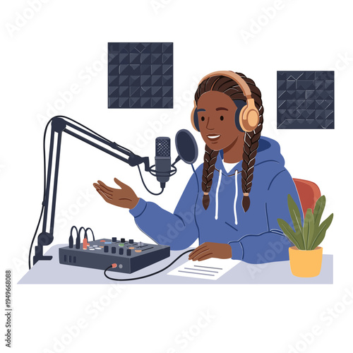 A woman wearing headphones sits at a desk with a microphone and audio equipment in a recording studio