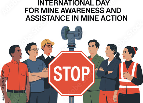 International Day for Mine Awareness illustration, stop landmines campaign concept, humanitarian mine action safety awareness vector with workers and warning sign
