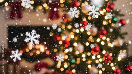 Snowflakes fall gently around a brightly lit Christmas tree indoors