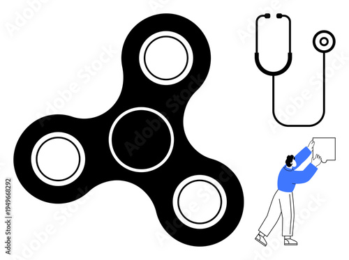 Fidget spinner concept. Fidget spinner alongside a stethoscope and a person holding a square object, activity, health, and creativity together. Perfect for toys, health, stress relief, creative