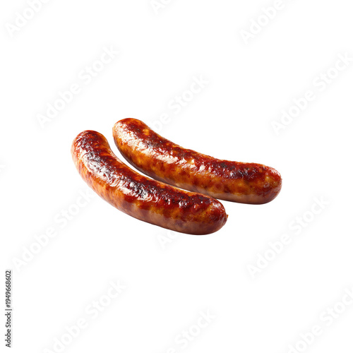 Grilled sausages roasted meat food barbecue snack juicy cooked pork sausage pair isolated on white background
