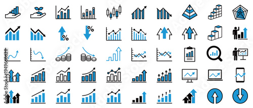 2色使いのビジネス統計グラフアイコンセット（折れ線・棒グラフ・円グラフ・アウトラインあり）