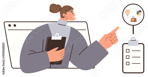 E-commerce, business strategy, online shopping, productivity, task management, data analysis. Woman pointing to shopping icon with clipboard and checklist. E-commerce and task management