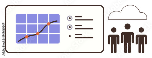 Data analytics, teamwork, cloud storage, progress trends, business strategy, statistical analysis. A graph with data points, cloud and people icons. Data analytics and teamwork theme