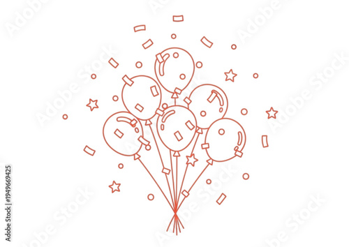 Vibrant red line art of festive balloons with confetti and stars, a cheerful graphic for celebrations