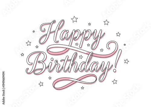 Celebratory Happy Birthday elegant script lettering design featuring festive stars and sparkling decorative elements