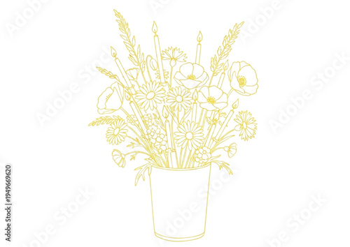 A beautiful line art illustration of a floral bouquet in a vase with a white background