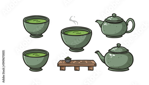 A simple illustration of a set of metal kitchen cups and tea utensils used for cooking and serving drinks. japanese drink