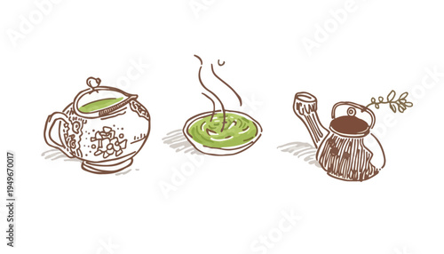 Hand drawn apple with tea set illustration featuring cup teapot and cozy cafe style design
