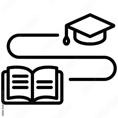 Graphic representation of a winding path connecting a book to a graduation cap illustrating the educational journey and curriculum progression