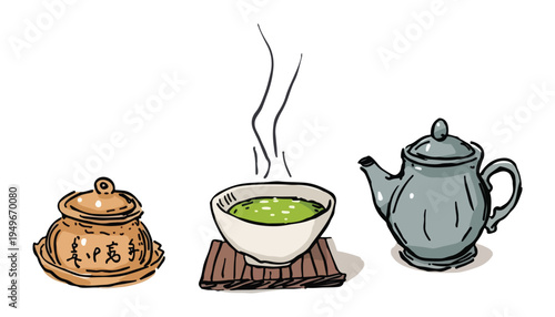 A white ceramic teapot with cups of hot tea on a saucer, isolated as a simple kitchen drink setting