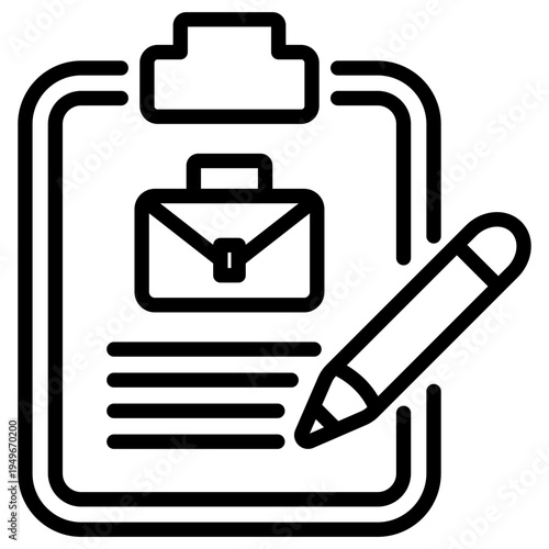 Line icon of a clipboard showing a job application form with a briefcase symbol and a pencil for signing