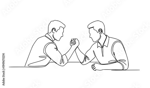 Continuous line arm wrestling between two friends minimalist single line competition vector illustration