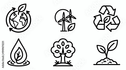 Environmental Icon Set Showcasing Earth Wind Turbine Recycling Emblems.
