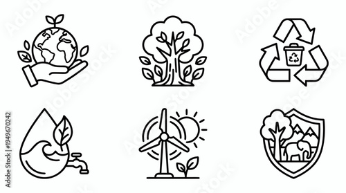 Eco icon set depicting earth conservation renewable energy water protection.