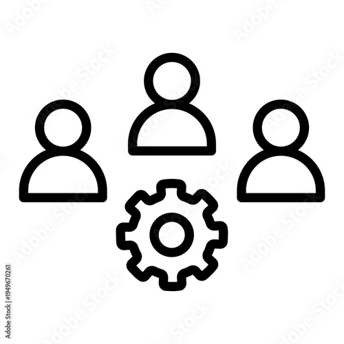 Line icon of a group of people with a gear symbol representing effective team management and coordination