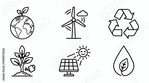 Eco icons representing Environment Sustainability and renewable energy.