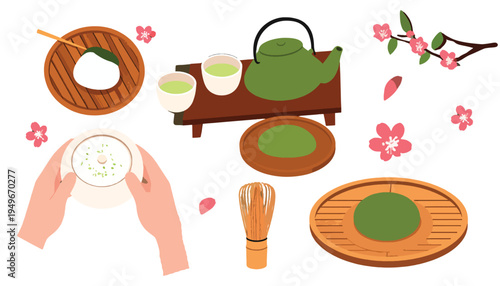 Traditional Japanese matcha green tea ceremony elements illustrated. Vibrant vector collection featuring teapot, cups, whisk, powder, and sweet wagashi