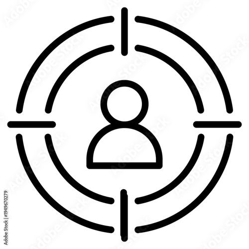 Line icon depicting a person centered in a target symbol for skill assessment and talent targeting