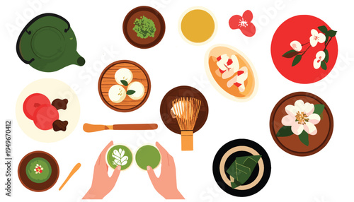 Traditional Japanese Matcha Tea Ceremony and Desserts Top View Flat Lay