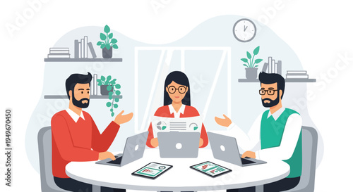 Three diverse professionals, two men and one woman, collaborate around a table with laptops and tablets in a modern office meeting.