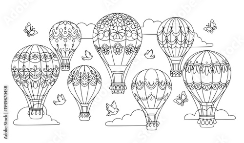 Decorative hot air balloon line art with floral patterns spring summer coloring book vector design