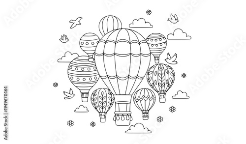 Cute hot air balloon collection line art for spring summer coloring page vector illustration