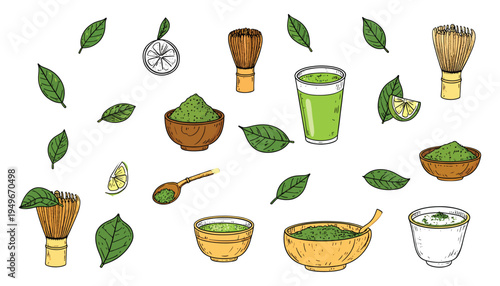 Delightful hand-drawn vector elements for green tea preparation, showcasing fresh leaves, powdered tea in bowls, traditional whisks, and a refreshing cup of the healthy beverage