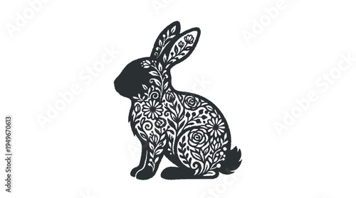 Elegant vector bunny silhouette with intricate floral cutouts monochromatic design decorative pattern artistic style