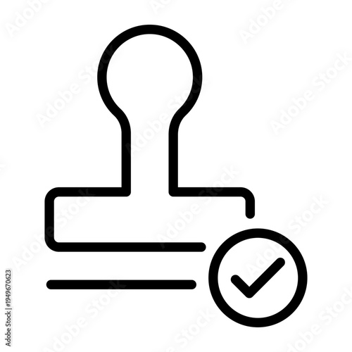 A black and white line icon of a rubber stamp with a check mark indicating official legal authorization