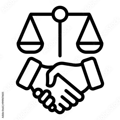 A black and white line icon of a handshake under the scales of justice representing a legal settlement