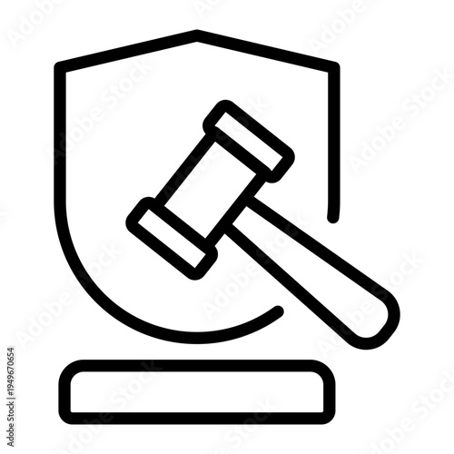 A black and white line icon of a judge gavel in front of a shield representing the defense of rights