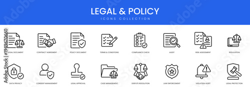 Professional linear icons representing legal documents, contract agreements, data privacy, and regulatory compliance