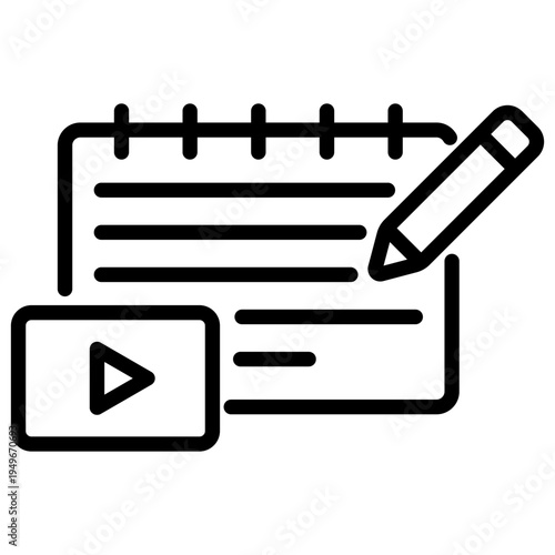 A linear icon featuring a notebook, pencil, and video symbol representing content creation and planning