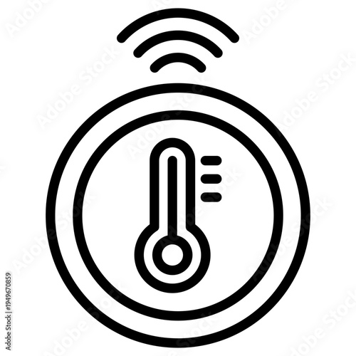 Line icon of a smart thermostat showing a thermometer and wireless signal for climate control