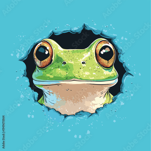portrait frog looking throuhg a hole in a blue wallpaper , vector style simple color