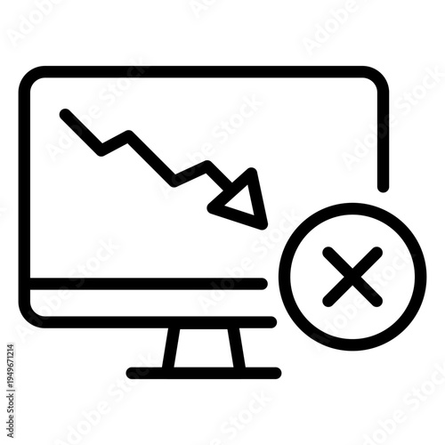 Line icon of a computer monitor showing a declining graph and a cross mark indicating system failure or outage
