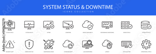 Essential outline icons for IT infrastructure monitoring, server status, maintenance mode, and error detection