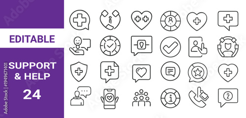 Support and Help icon set.Charity Line Icons Set with Donation Care and Medical Support Editable Stroke Vector