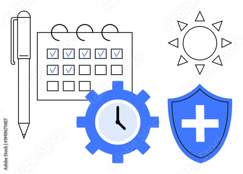 Time management, healthcare, organization, productivity, wellness, scheduling. A pen, calendar with checkmarks gear with clock shield with cross and sun. Time management and healthcare