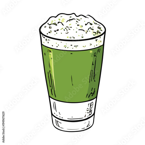 A cold glass of matcha with foam and ice sitting isolated on a clean white background